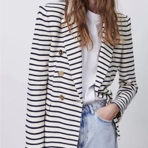 ZARA Navy Blue & White Striped Double Breasted Knit Textured Blazer gold buttons